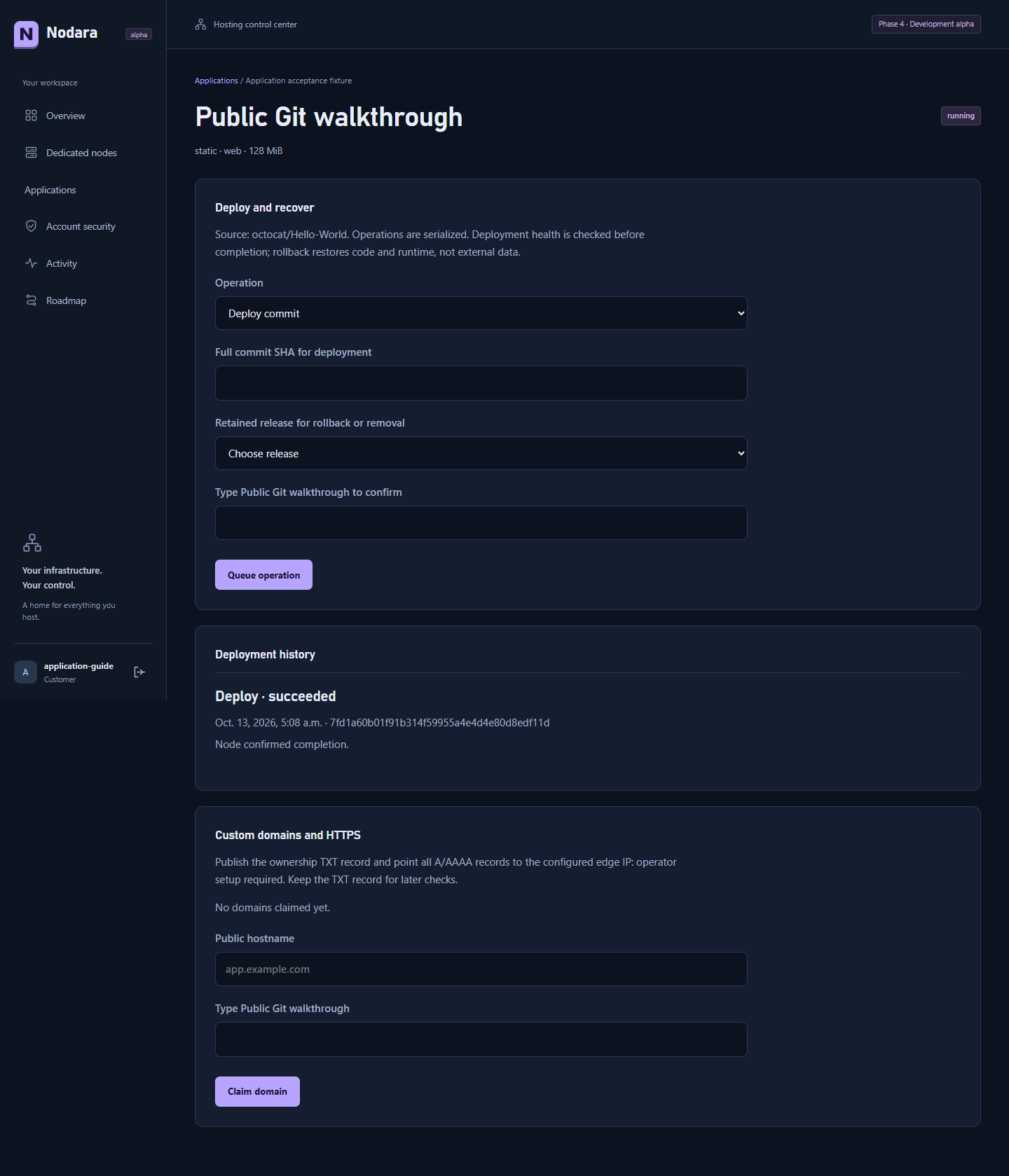 Nodara application panel showing successful deployment of a public Git commit