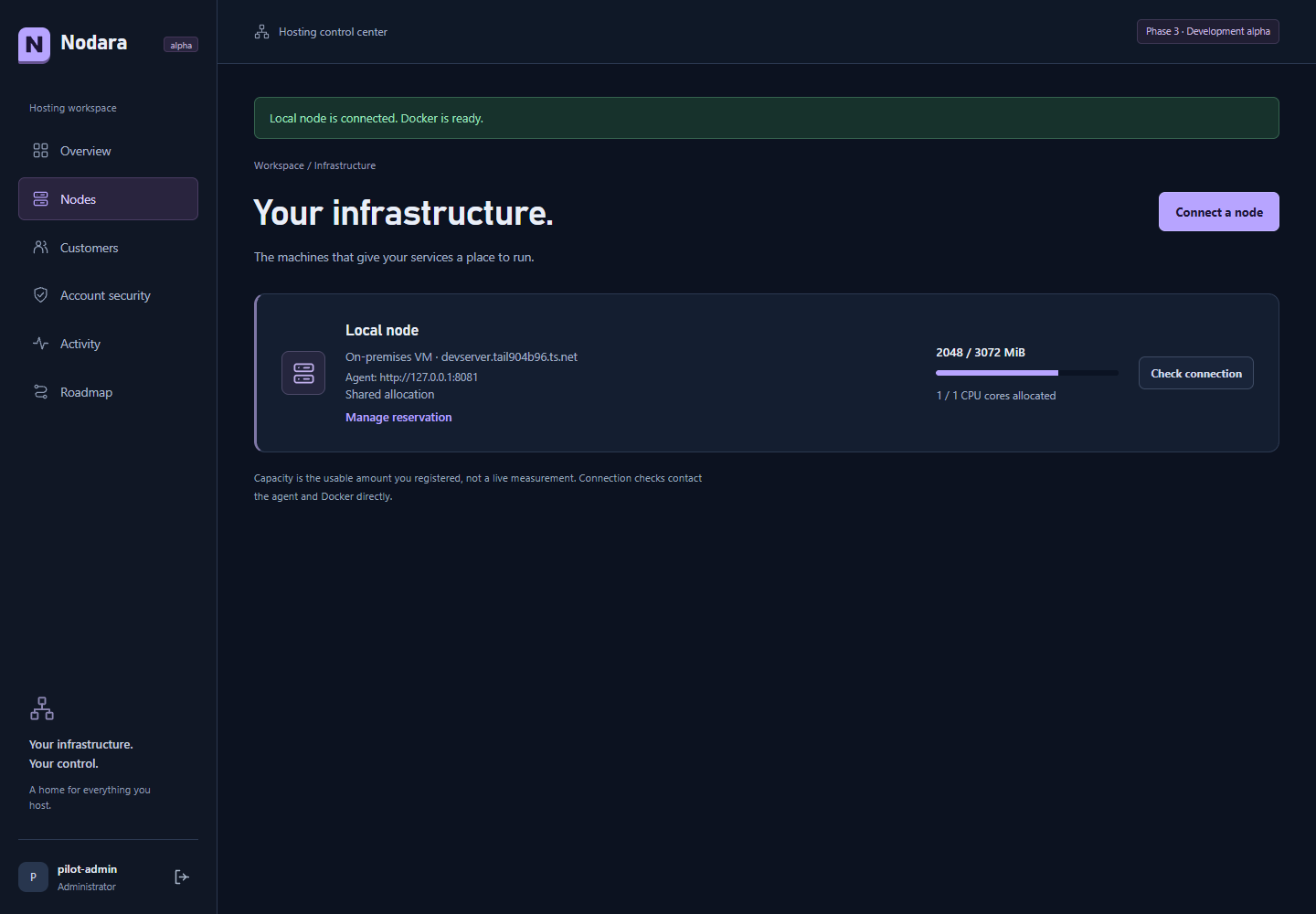 Nodara Nodes page confirming that the local node is connected and Docker is ready