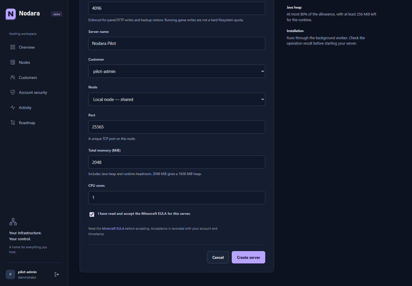 Create a Minecraft server form showing the pilot runtime, memory and CPU allocation