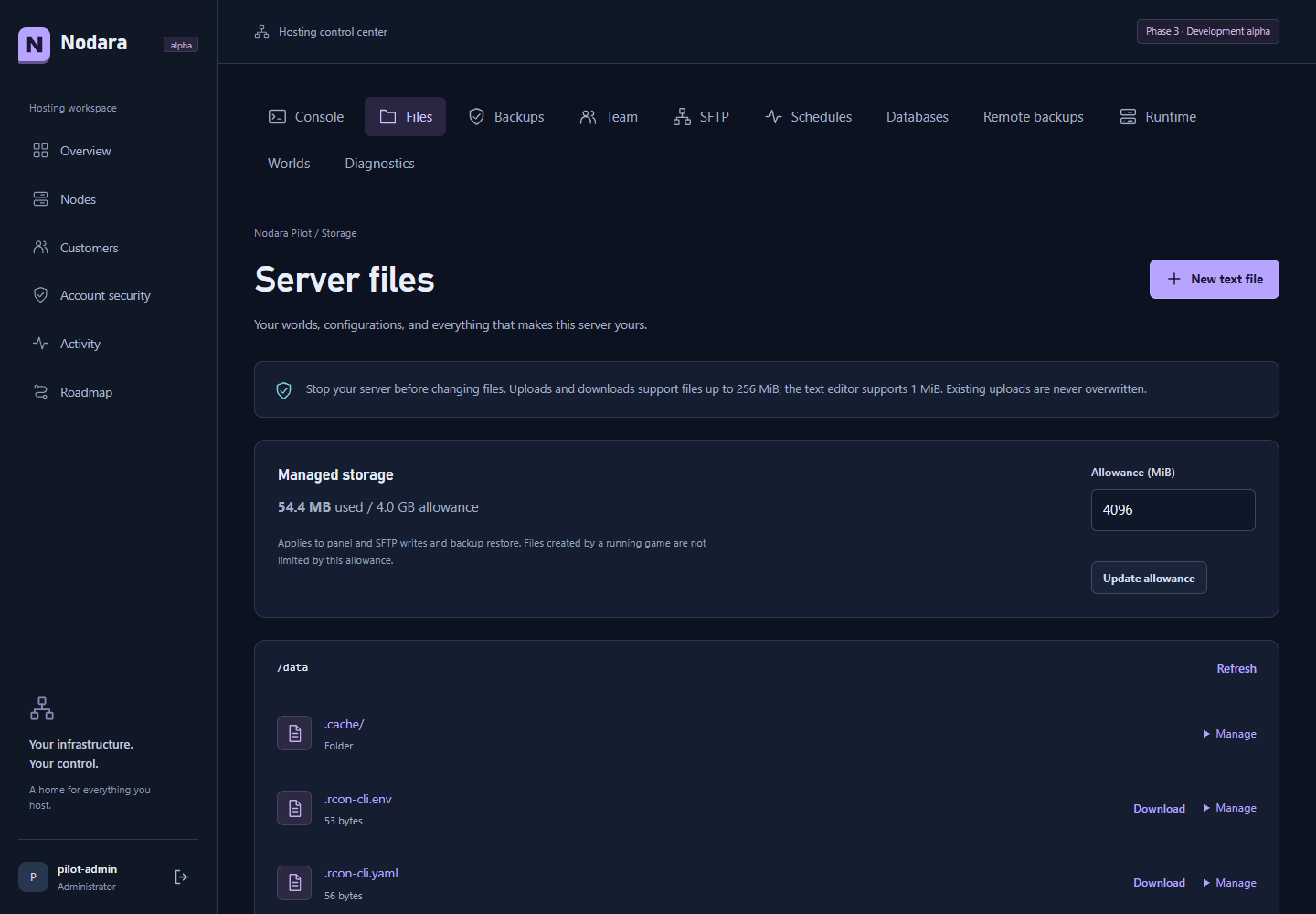 Nodara Files page listing Minecraft configuration and world directories