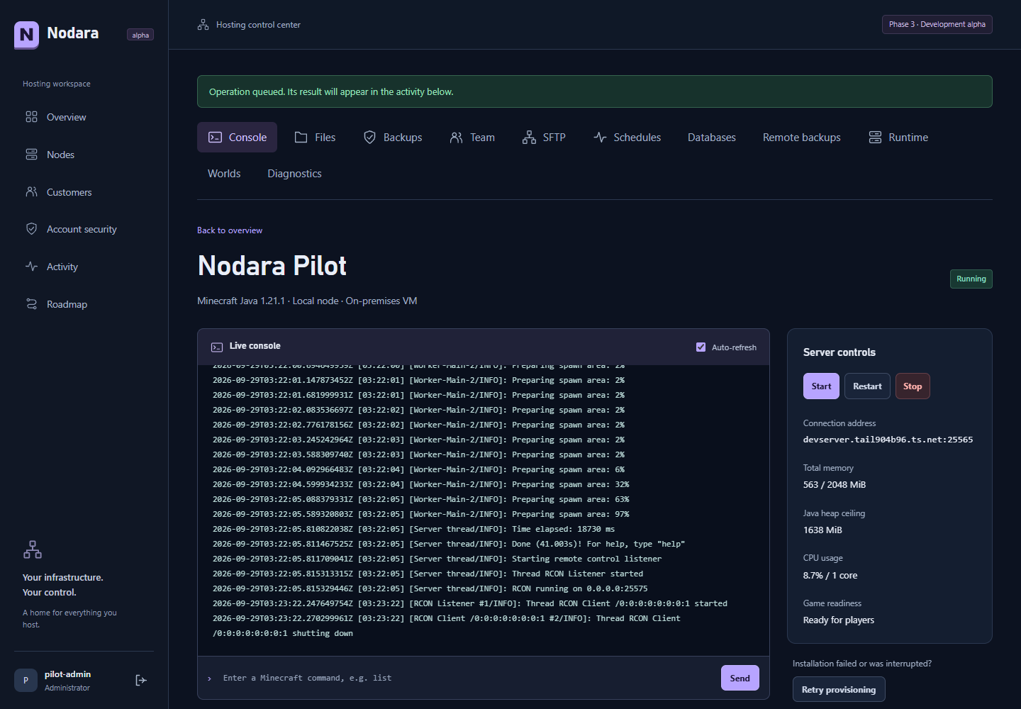 Live Minecraft console and server controls in the Nodara pilot