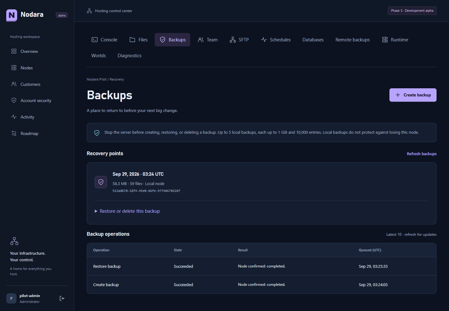 Nodara backup page showing successful creation and restoration operations