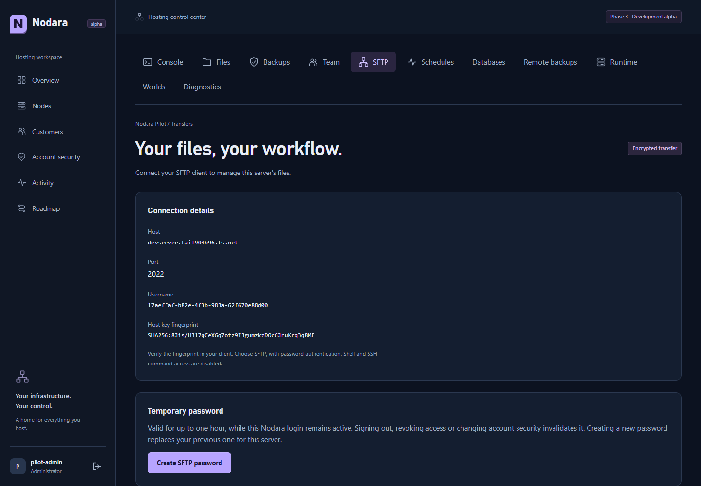 Nodara SFTP connection instructions without a temporary password displayed