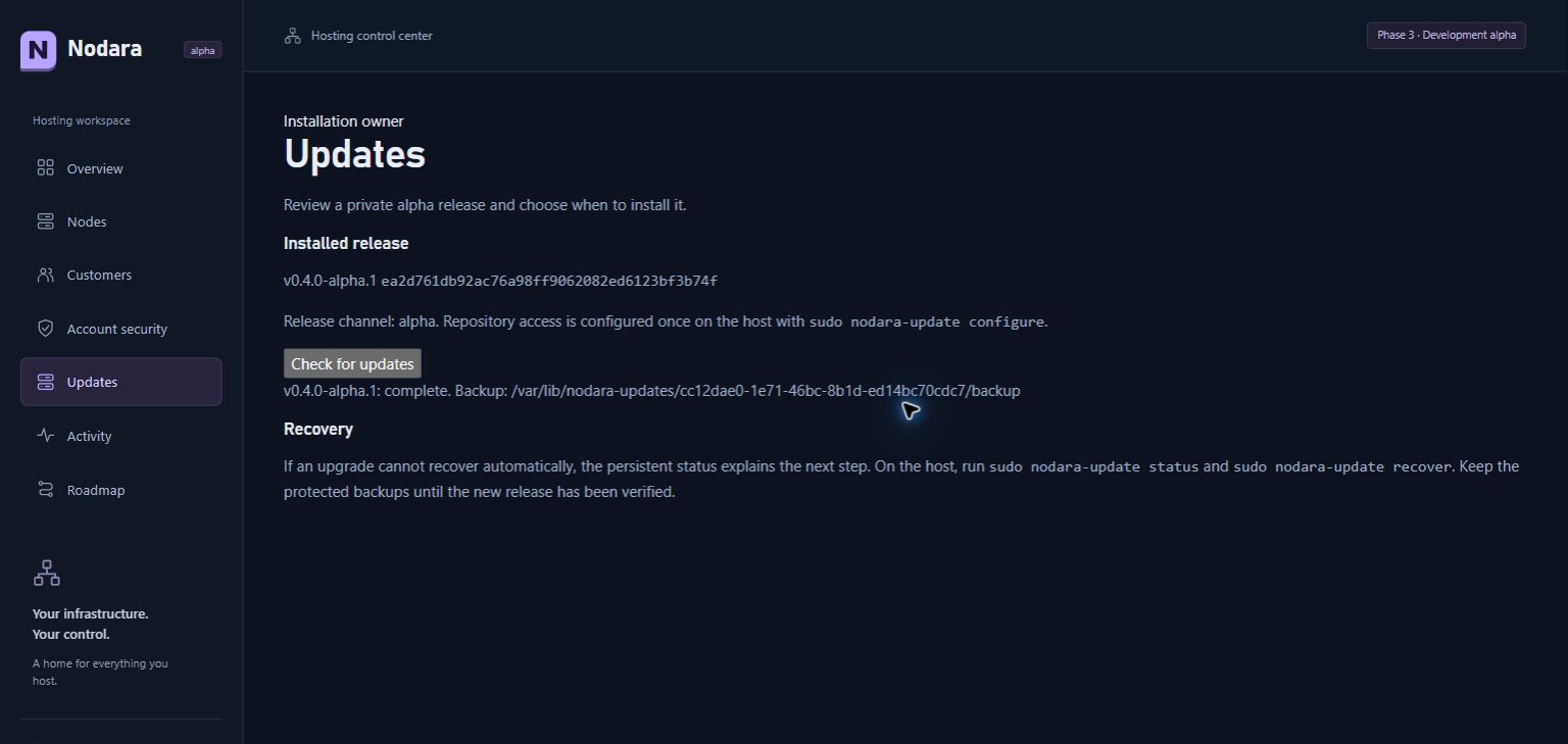 Nodara Updates page showing v0.4.0-alpha.1 and a completed live upgrade with retained backup