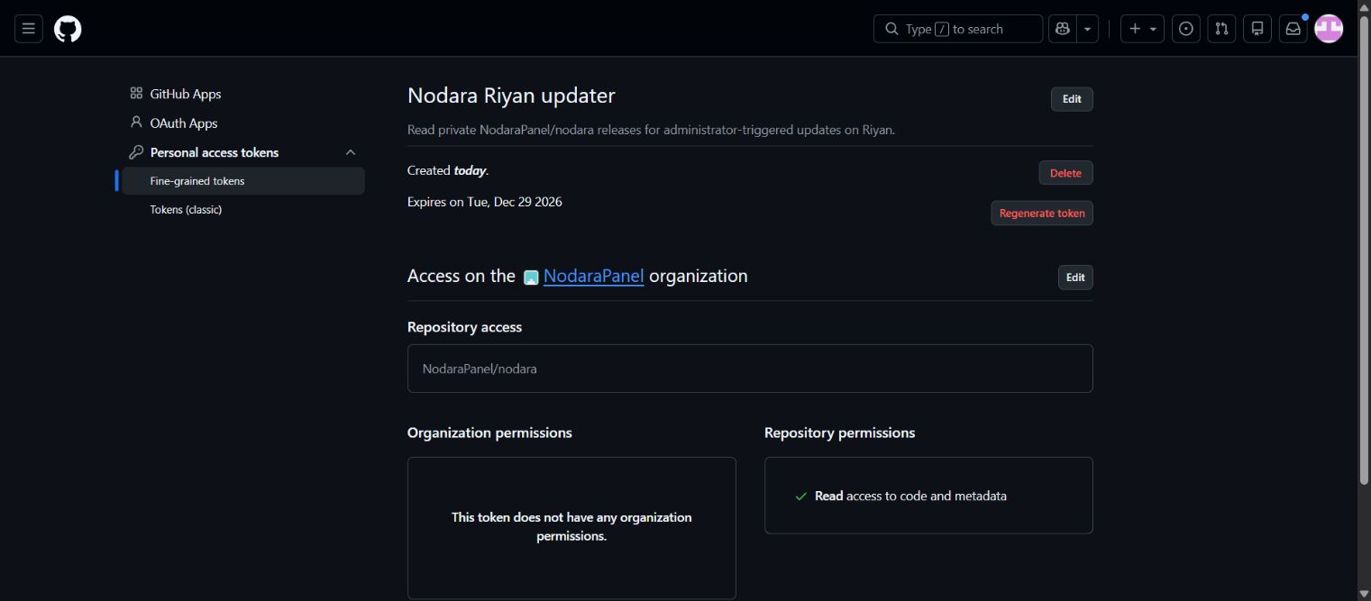 GitHub settings for the Nodara updater with one selected repository and read access to code and metadata